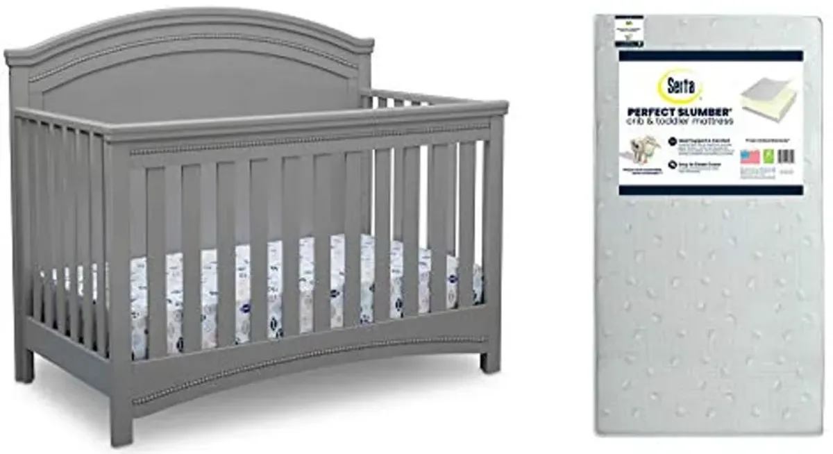 Simmons Kids SlumberTime Emma Convertible Crib N More, Grey + Serta Perfect Slumber Dual Sided Recycled Fiber Core Crib and Toddler Mattress (Bundle)