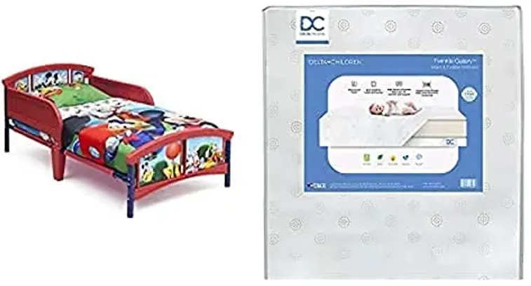 Delta Children Plastic Toddler Bed, Disney Mickey Mouse Twinkle Galaxy Dual Sided Recycled Fiber Core Toddler Mattress (Bundle)
