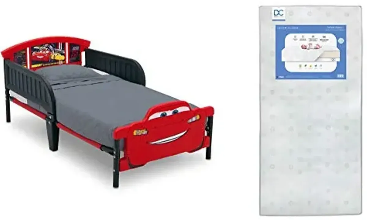 Delta Children 3D-Footboard Toddler Bed, Disney/Pixar Cars 3 + Delta Children Twinkle Galaxy Dual Sided Recycled Fiber Core Toddler Mattress (Bundle)