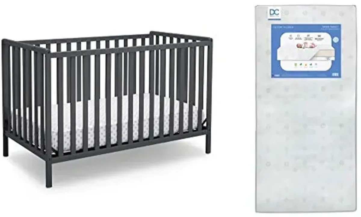 Delta Children Heartland 4-in-1 Convertible Crib, Charcoal Grey + Delta Children Twinkle Galaxy Dual Sided Recycled Fiber Core Crib and Toddler Mattress (Bundle)