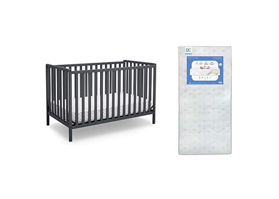 Delta Children Heartland 4-in-1 Convertible Crib, Charcoal Grey + Delta Children Twinkle Galaxy Dual Sided Recycled Fiber Core Crib and Toddler Mattress (Bundle)