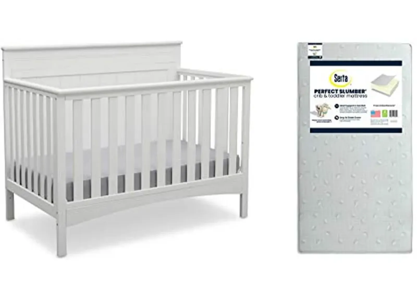 Delta Children Fancy 4-in-1 Crib, Bianca + Serta Perfect Slumber Dual Sided Recycled Fiber Core Crib and Toddler Mattress (Bundle)