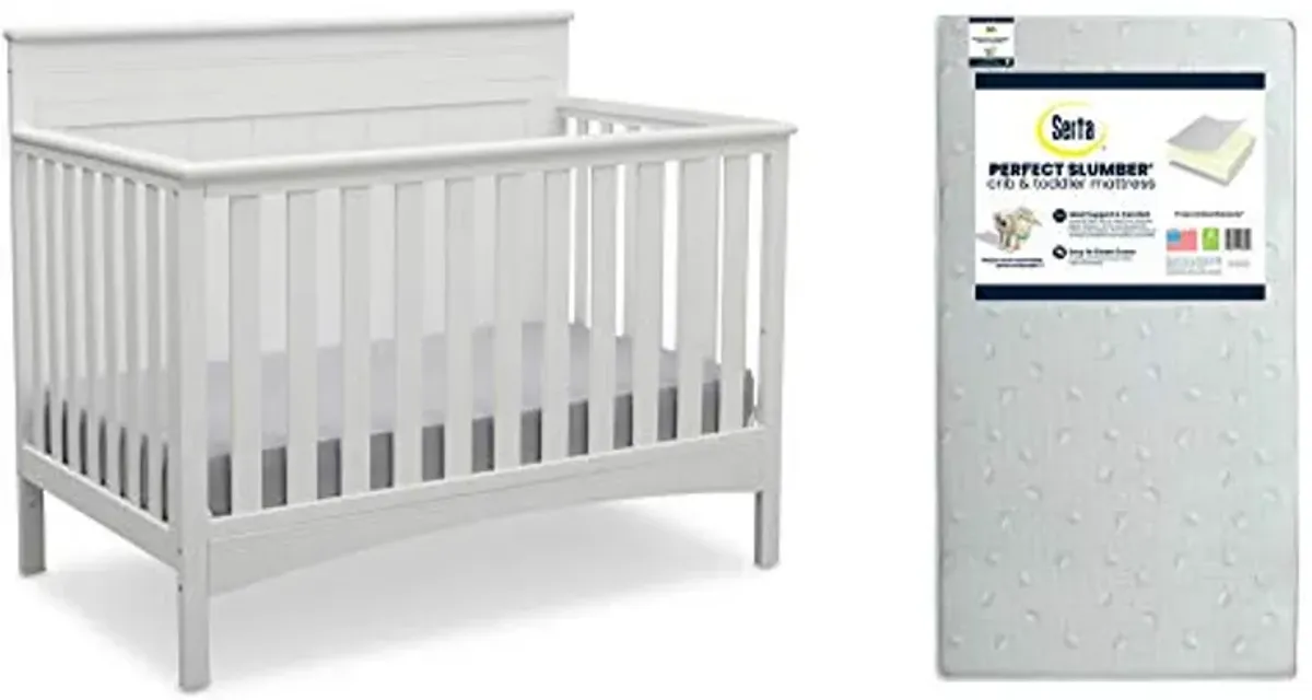 Delta Children Fancy 4-in-1 Crib, Bianca + Serta Perfect Slumber Dual Sided Recycled Fiber Core Crib and Toddler Mattress (Bundle)