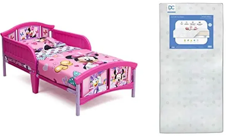 Delta Children Plastic Toddler Bed, Disney Minnie Mouse Twinkle Galaxy Dual Sided Recycled Fiber Core Toddler Mattress (Bundle)
