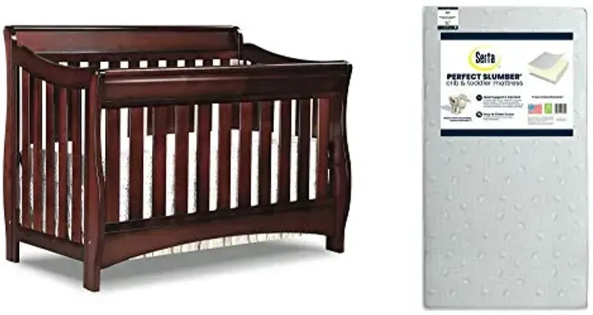 Delta Children Bentley S Series 4-in-1 Crib, Black Cherry Espresso + Serta Perfect Slumber Dual Sided Recycled Fiber Core Crib and Toddler Mattress (Bundle)