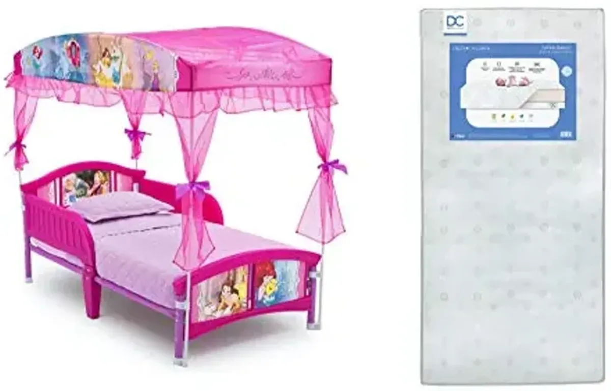 Delta Children Canopy Toddler Bed, Disney Princess, 2 Piece Set, Waterproof Vinyl Cover, Non-Toxic Construction, Recycled Fiber Core, Easy Assembly, Recommended for 15 Months and Up