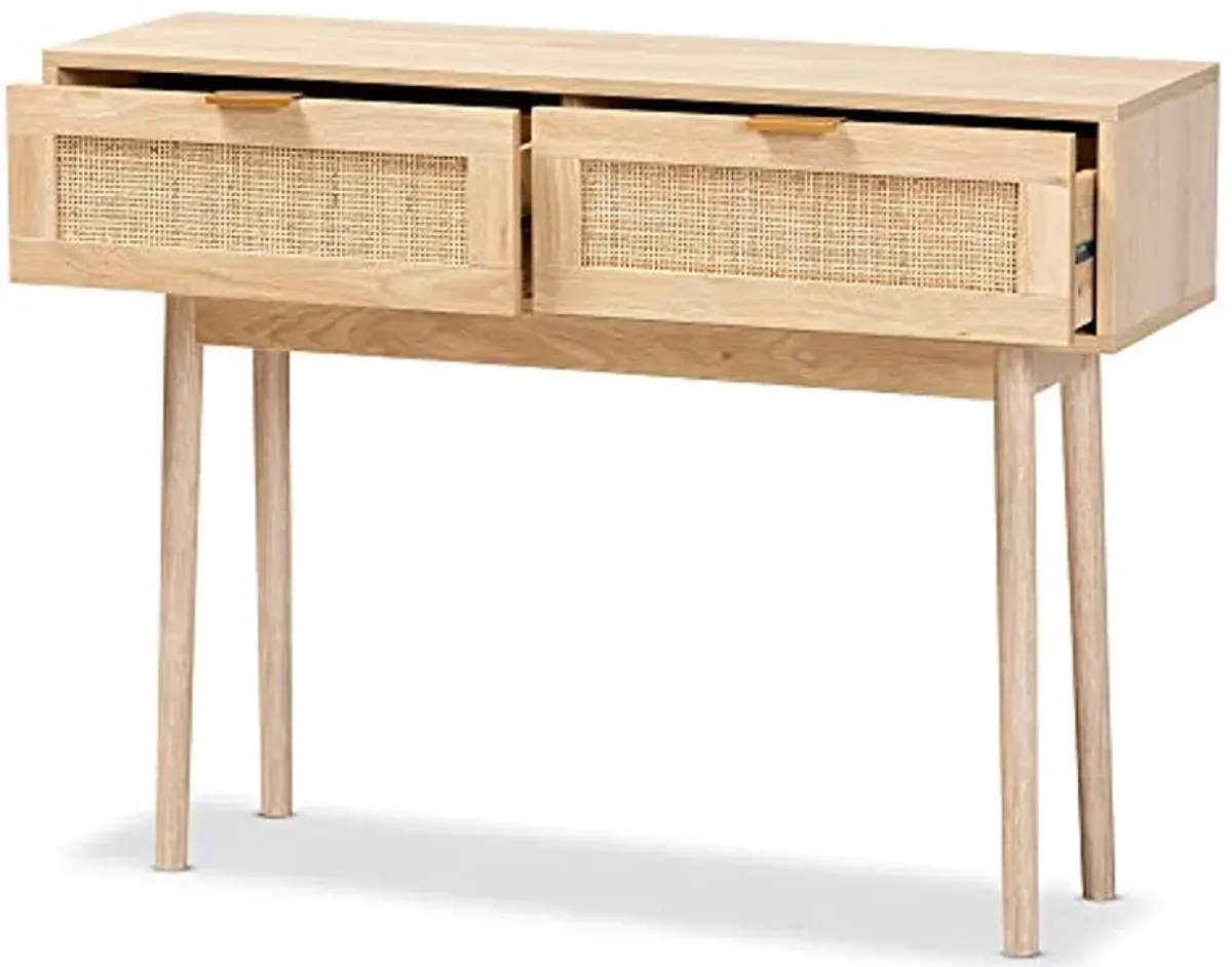 Baxton Studio Baird Mid-Century Modern Light Oak Brown Finished Wood and Rattan 2-Drawer Console Table