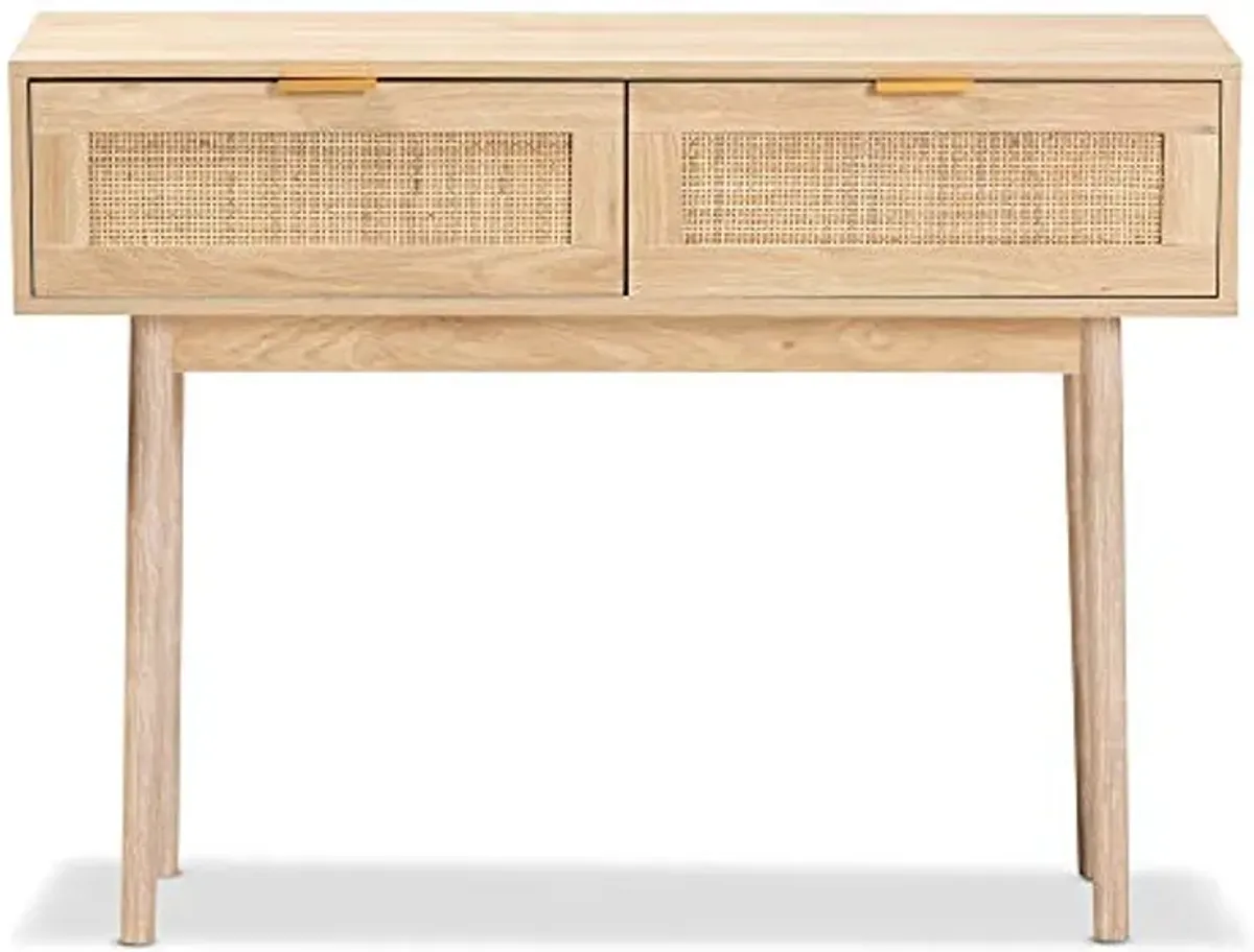 Baxton Studio Baird Mid-Century Modern Light Oak Brown Finished Wood and Rattan 2-Drawer Console Table