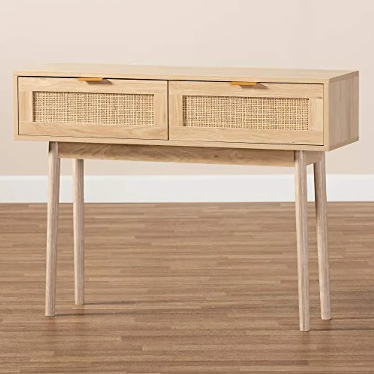 Baxton Studio Baird Mid-Century Modern Light Oak Brown Finished Wood and Rattan 2-Drawer Console Table