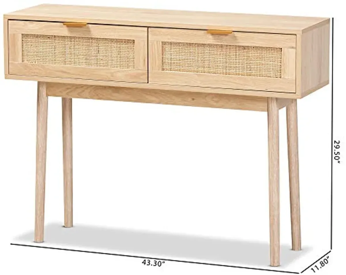 Baxton Studio Baird Mid-Century Modern Light Oak Brown Finished Wood and Rattan 2-Drawer Console Table