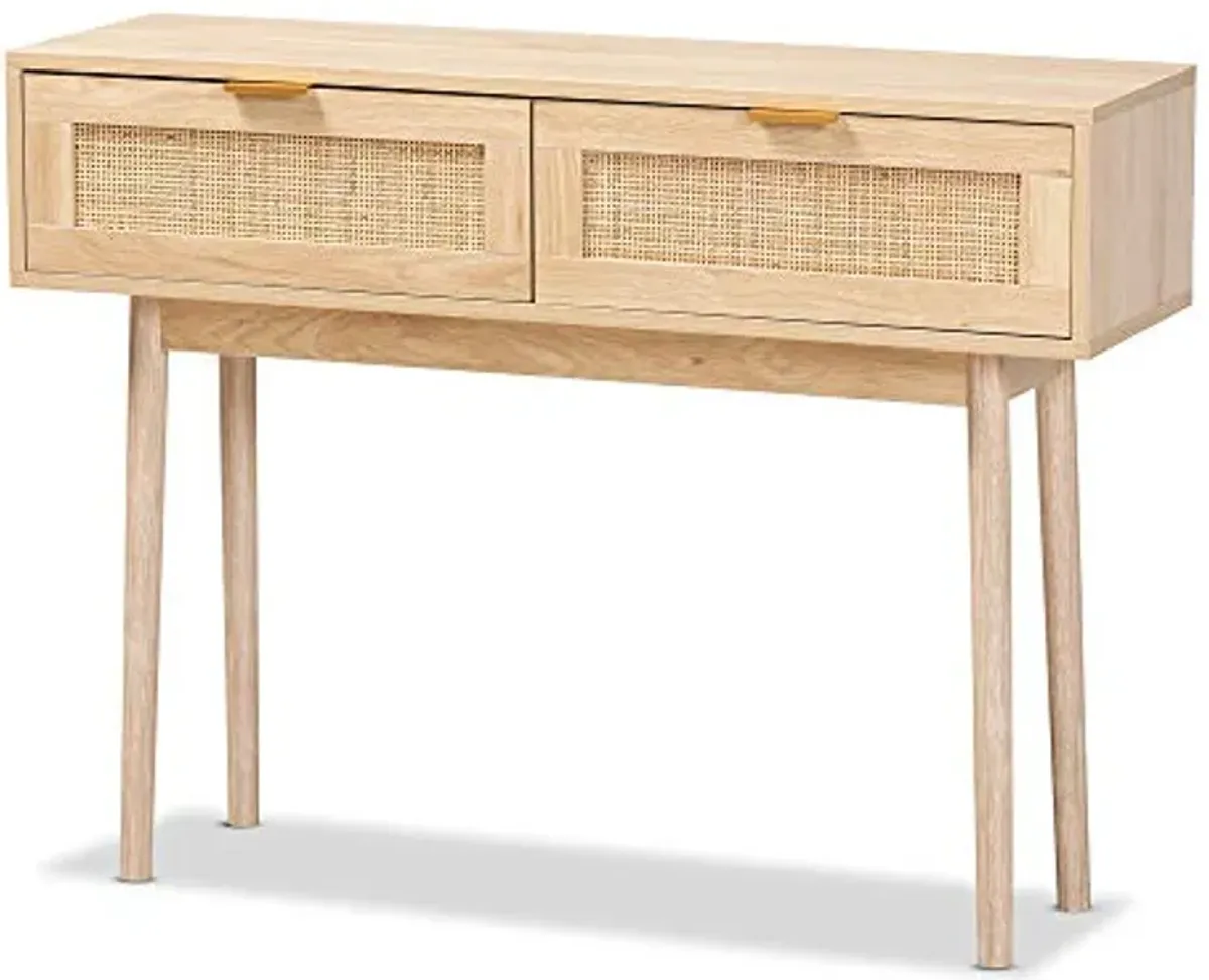 Baxton Studio Baird Mid-Century Modern Light Oak Brown Finished Wood and Rattan 2-Drawer Console Table