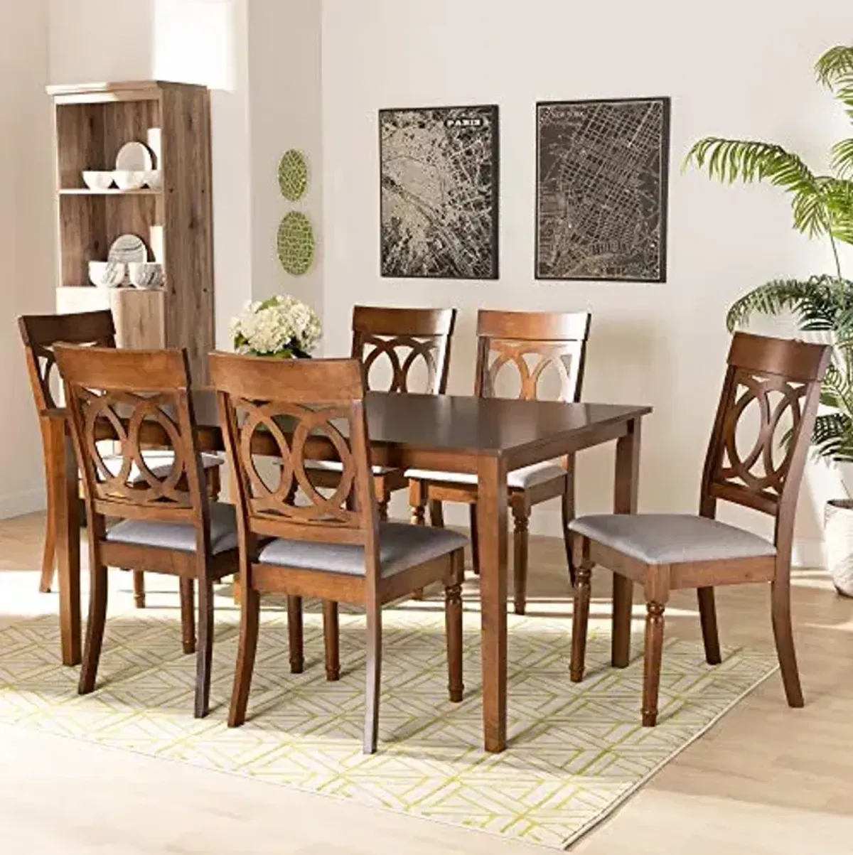 Baxton Studio Lucie Dining Set - Grey Fabric Upholstered and Walnut Brown Finished Wood 7-Piece Set