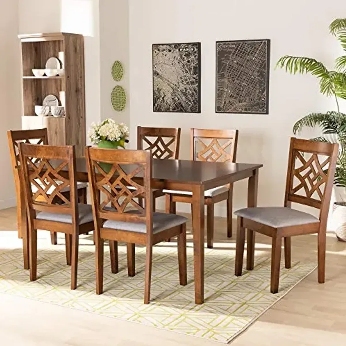 Baxton Studio Nicolette Dining Set and Dining Set Grey Fabric Upholstered and Walnut Brown Finished Wood 7-Piece Dining Set