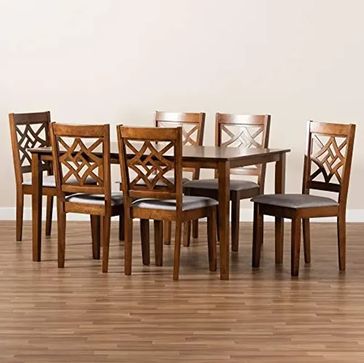 Baxton Studio Nicolette Dining Set and Dining Set Grey Fabric Upholstered and Walnut Brown Finished Wood 7-Piece Dining Set