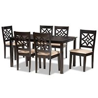 Baxton Studio Nicolette Dining Set and Dining Set Sand Fabric Upholstered and Dark Brown Finished Wood 7-Piece Dining Set