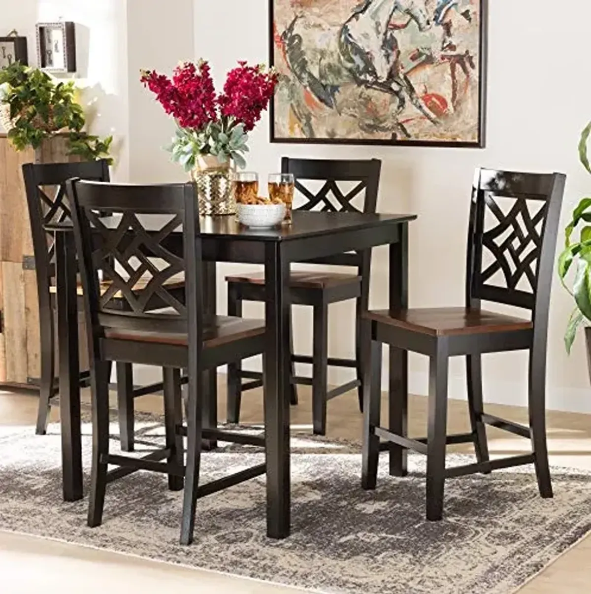 Baxton Studio Nicolette Pub Set - Two-Tone Dark Brown and Walnut Brown Finished Wood 5-Piece Set