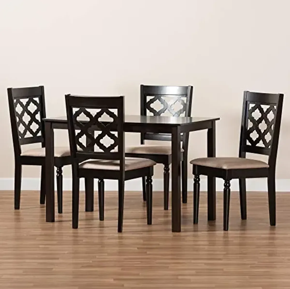 Baxton Studio Ramiro Dining Set and Dining Set Sand Fabric Upholstered and Dark Brown Finished Wood 5-Piece Dining Set