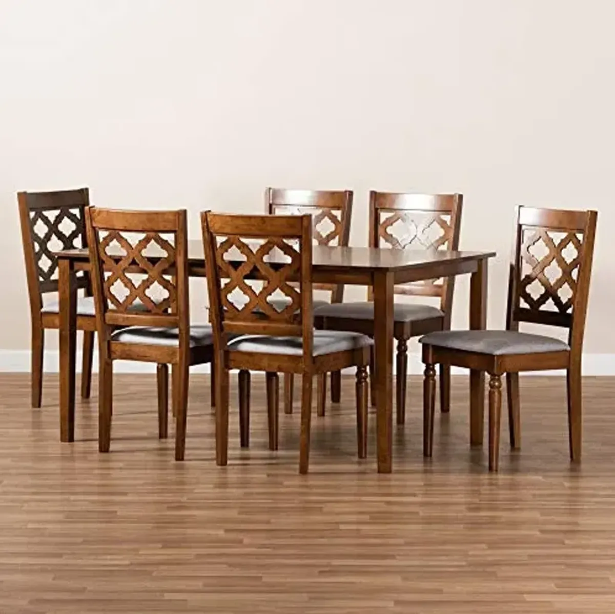 Baxton Studio Ramiro Dining Set and Dining Set Grey Fabric Upholstered and Walnut Brown Finished Wood 7-Piece Dining Set