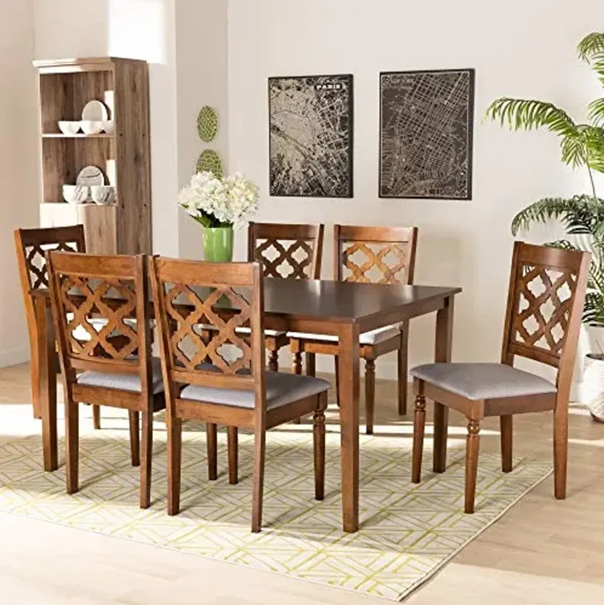 Baxton Studio Ramiro Dining Set and Dining Set Grey Fabric Upholstered and Walnut Brown Finished Wood 7-Piece Dining Set