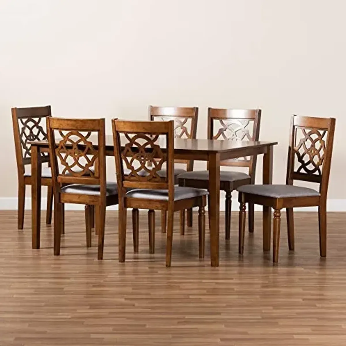 Baxton Studio Renaud 7-Piece Dining Set - Grey Fabric Upholstered, Walnut Brown Finished Wood