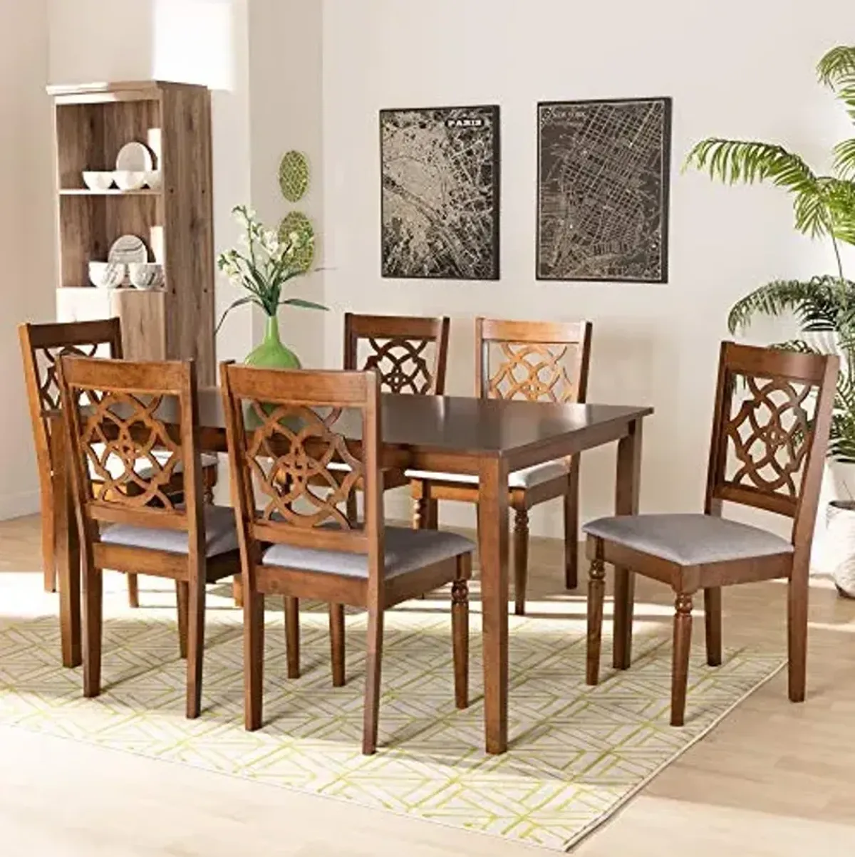 Baxton Studio Renaud 7-Piece Dining Set - Grey Fabric Upholstered, Walnut Brown Finished Wood