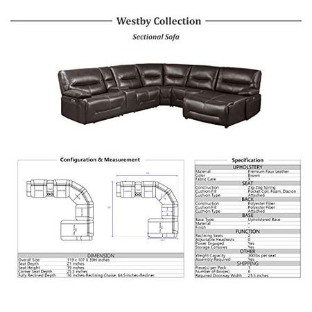 Lexicon Westby Power Modular Reclining Sectional Sofa, Right Side Chaise, Brown