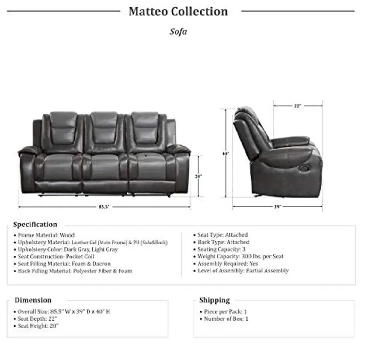 Lexicon Matteo 2-Piece Reclining Living Room Set, Two-Tone Gray