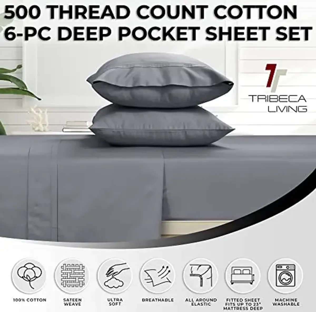 Tribeca Living Queen Bed Sheet Set, Soft Egyptian Cotton Sateen Solid Sheets and Pillowcase Set, Deep Pocket, 500 Thread Count, 6-Piece Luxury Bedding, Steel Grey