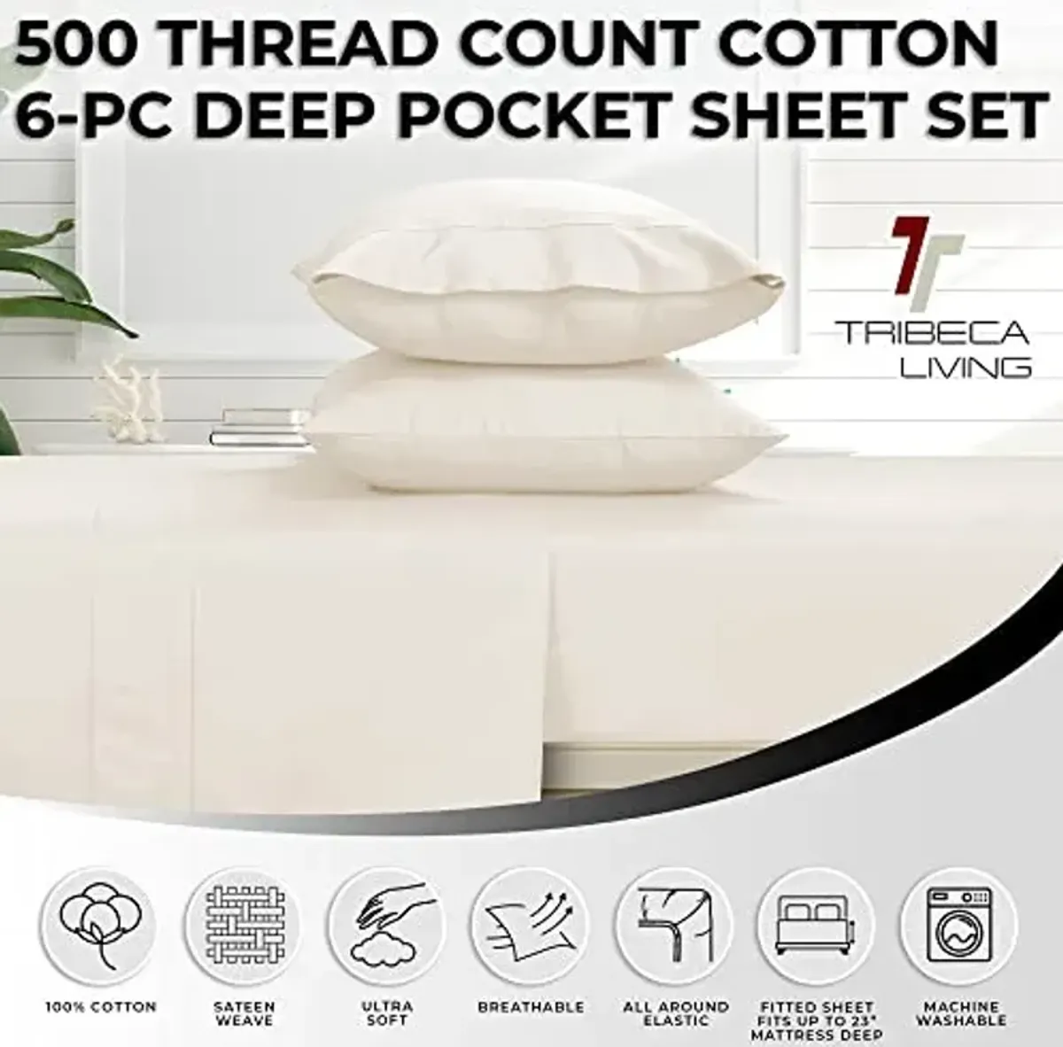 Tribeca Living 500 Thread Count Egyptian Cotton 6-Piece California King Sheet Set, Deep Pockets, Soft Sateen Weave, Ivory Cream