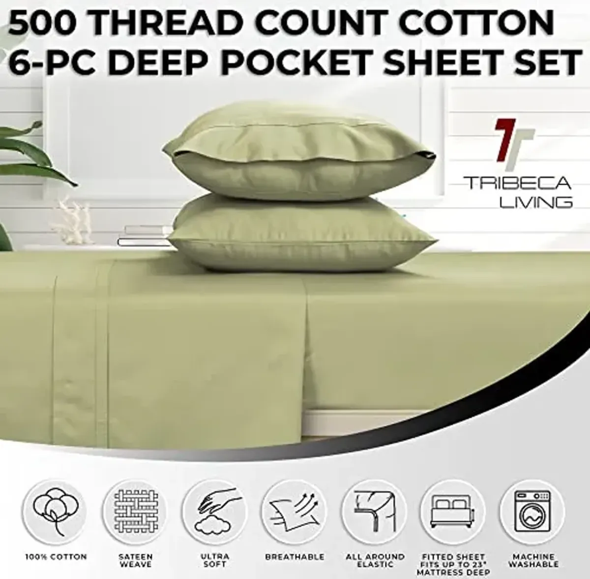 Tribeca Living 500 Thread Count Egyptian Cotton 6-Piece California King Sheet Set, Deep Pockets, Soft Sateen Weave, Green