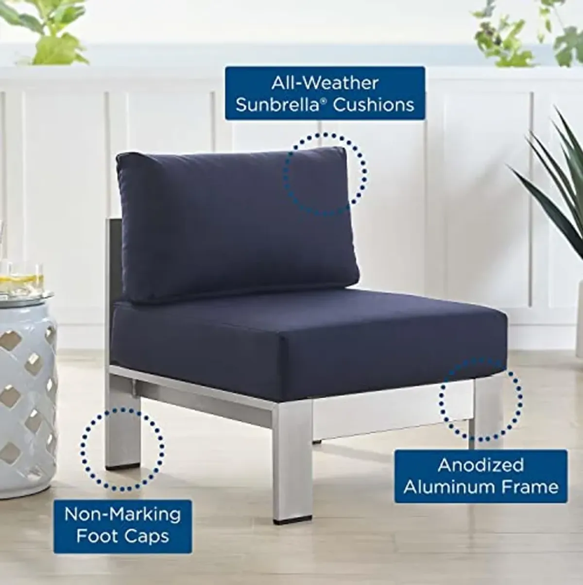 Modway EEI-4227-SLV-NAV Shore SunbrellaPatio Chair in Silver Navy 27.5 x 25 x 23.5