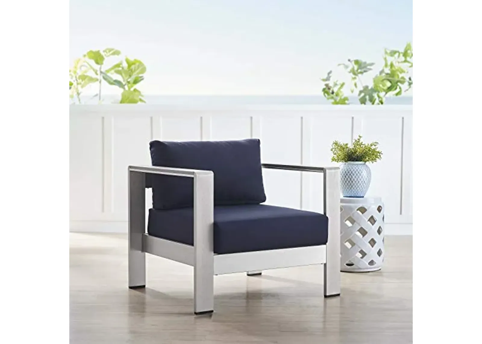 Modway EEI-4225-SLV-NAV Shore EEI-4225-SLV-NAVShore Sunbrella Patio Armchair in Silver Navy