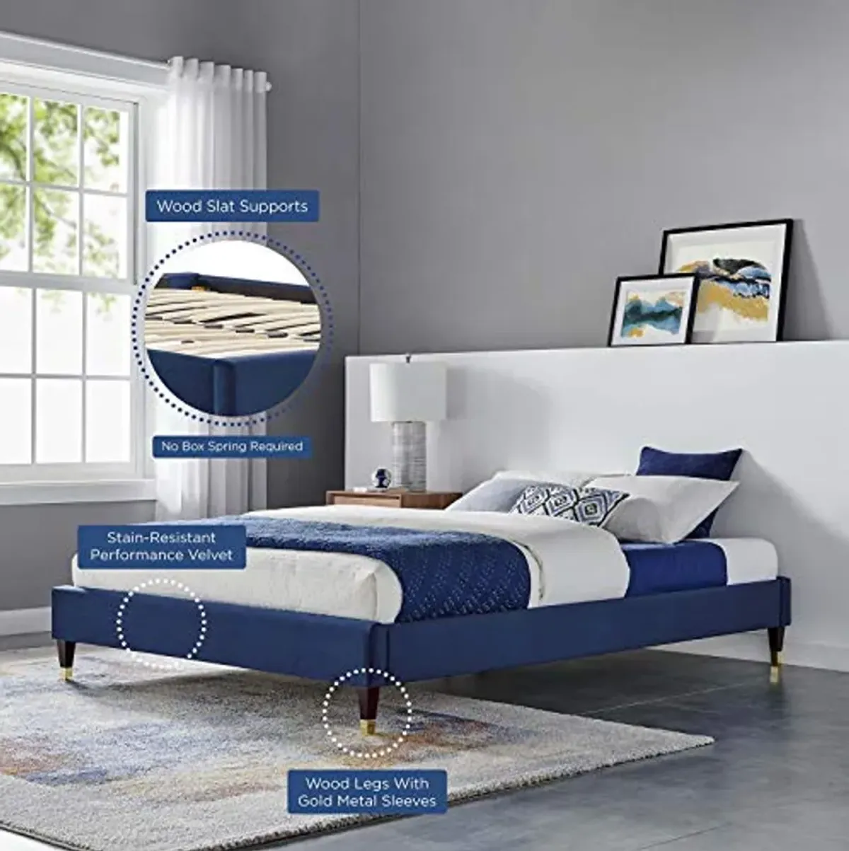 Modway MOD-6270-NAV Harlow Queen Performance Velvet Platform Bed Frame, Navy