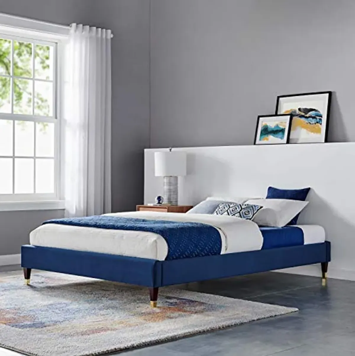 Modway MOD-6270-NAV Harlow Queen Performance Velvet Platform Bed Frame, Navy