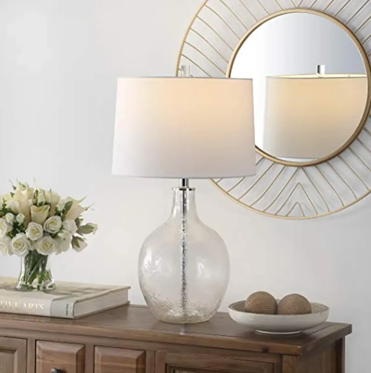 SAFAVIEH Lighting Collection Nadine Clear Glass 26-inch Bedroom Living Room Home Office Desk Nightstand Table Lamp (LED Bulb Included)