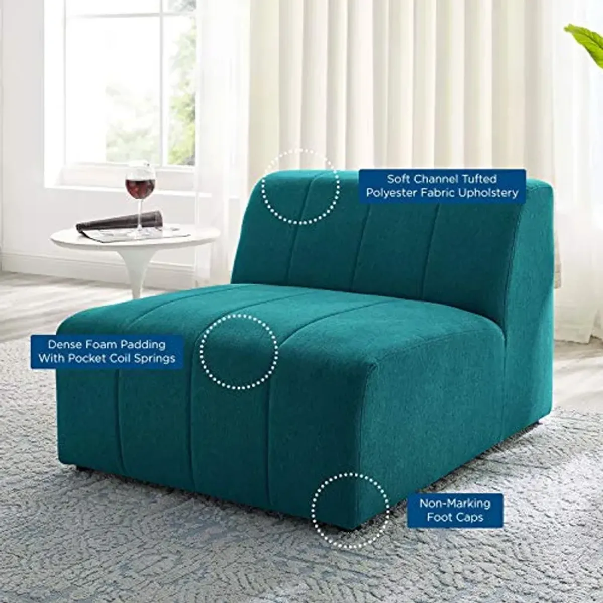 Modway Bartlett Channel Tufted Upholstered Sectional, Armless Chair, Teal