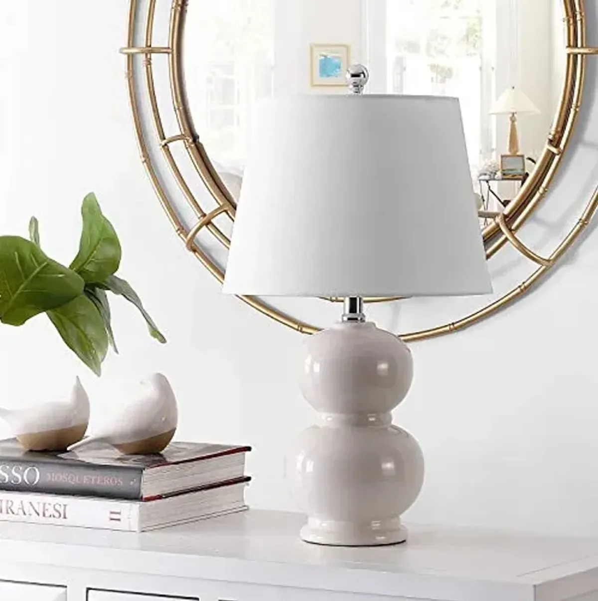SAFAVIEH Lighting Collection Everlee Modern Contemporary Ivory Ceramic Double Gourd 22-inch Bedroom Living Room Home Office Desk Nightstand Table Lamp (LED Bulb Included)
