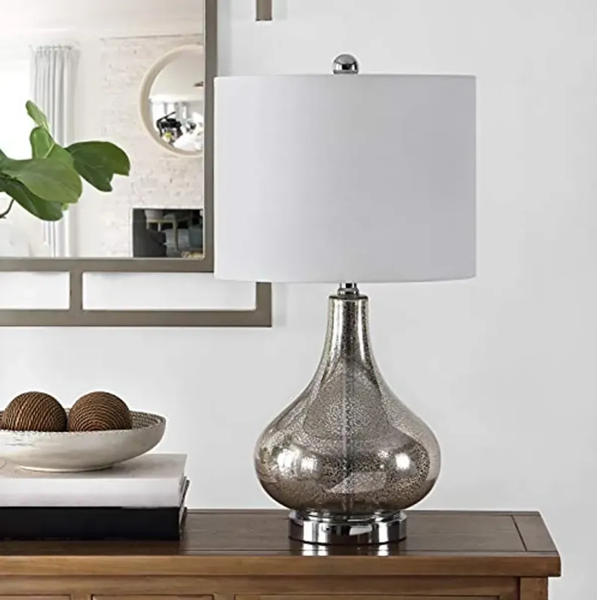 SAFAVIEH Lighting Collection Brooks Silver Glass 24-inch Bedroom Living Room Home Office Desk Nightstand Table Lamp (LED Bulb Included)