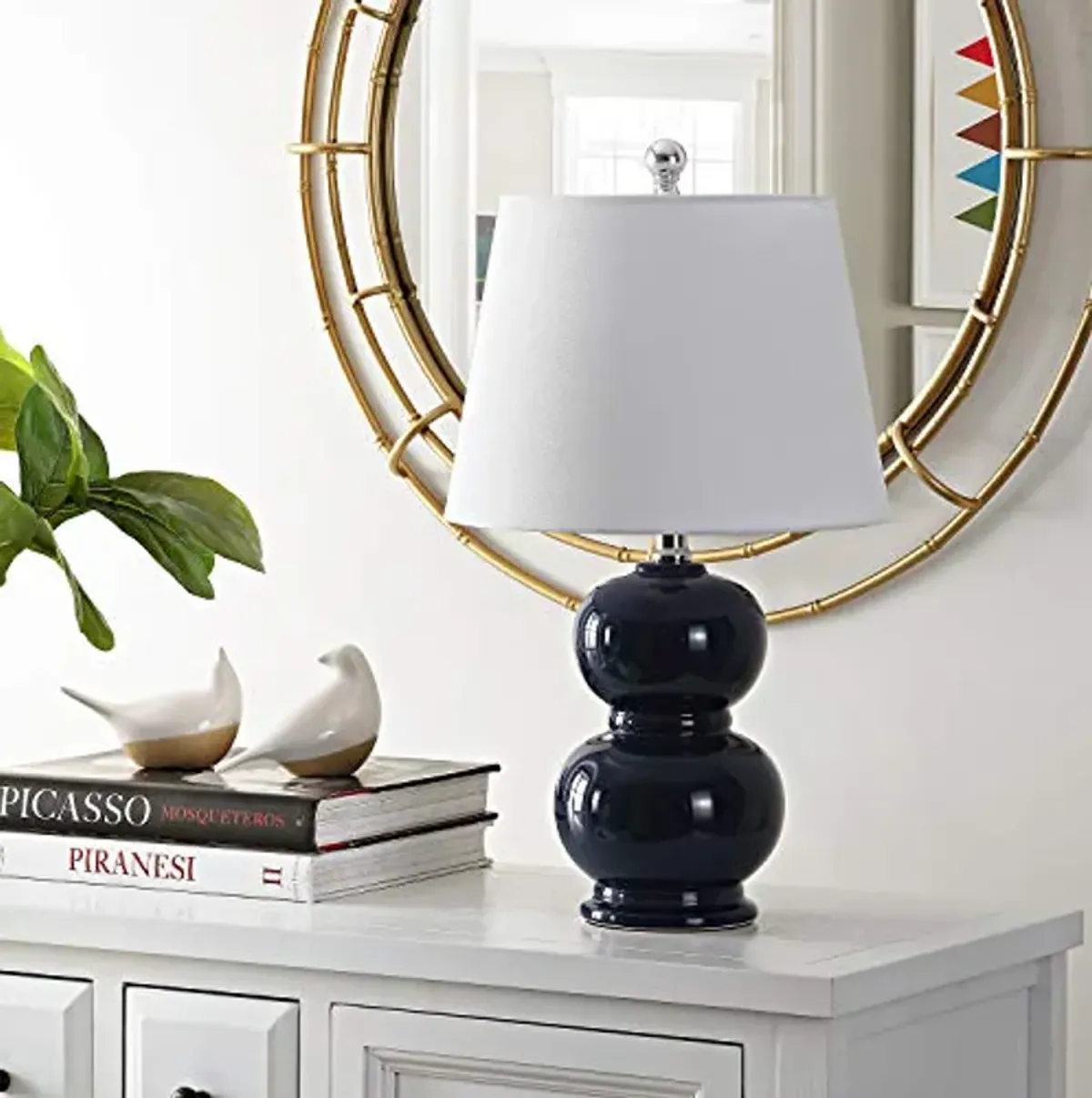 SAFAVIEH Lighting Collection Everlee Modern Contemporary Navy Ceramic Double Gourd 22-inch Bedroom Living Room Home Office Desk Nightstand Table Lamp (LED Bulb Included)