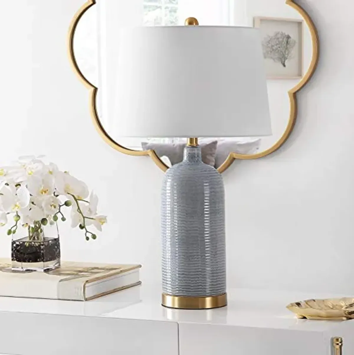 SAFAVIEH Lighting Collection Stark Blue Glass 27-inch Bedroom Living Room Home Office Desk Nightstand Table Lamp (LED Bulb Included)