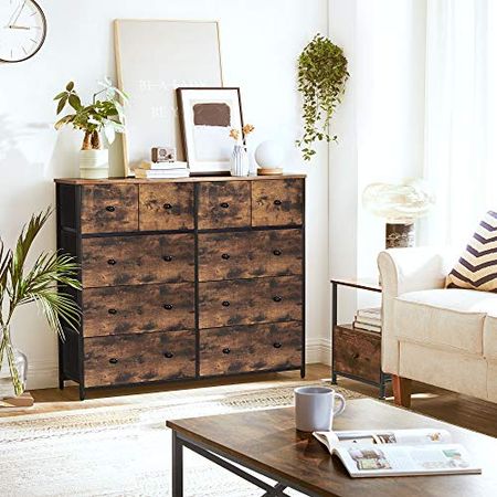 SONGMICS10 Drawers Wide Dresser, 10 Drawers 10-Drawer Dresser Storage Tower, Metal Frame, Wooden Top and Front, Fabric Drawers, 10 Drawers Brown and Black ULGS145B01