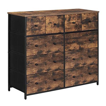 SONGMICS10 Drawers Wide Dresser, 10 Drawers 10-Drawer Dresser Storage Tower, Metal Frame, Wooden Top and Front, Fabric Drawers, 10 Drawers Brown and Black ULGS145B01