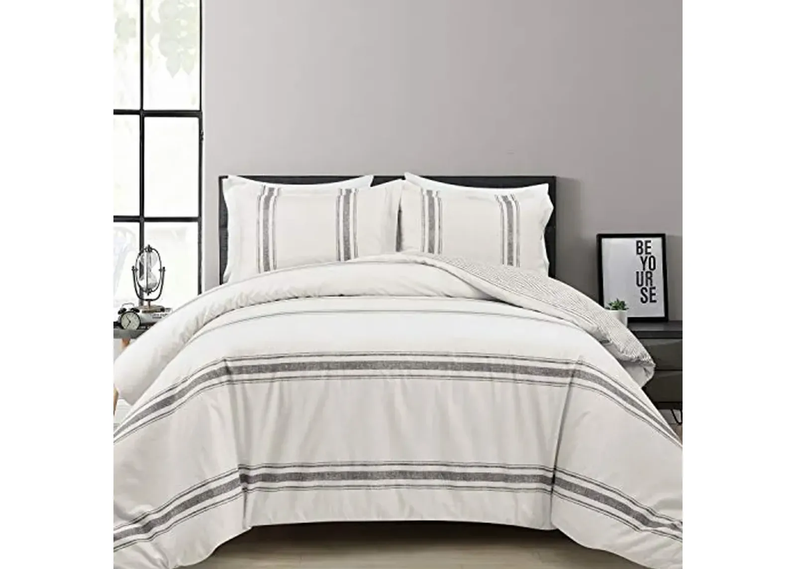 Lush Decor Comforter Farmhouse Stripe, Full/Queen, Gray