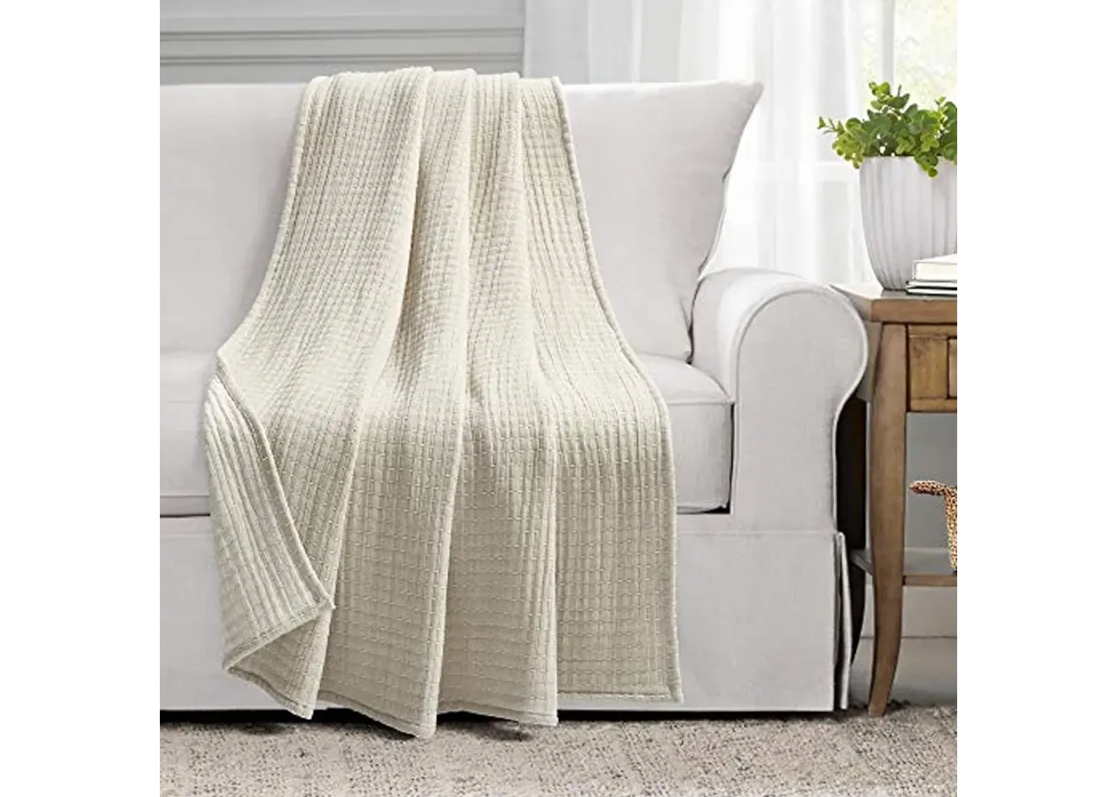 Lush Decor Solid Kantha Pick Stitch Yarn Dyed Cotton Woven Throw Blanket, 60" x 50", Neutral & Off-White