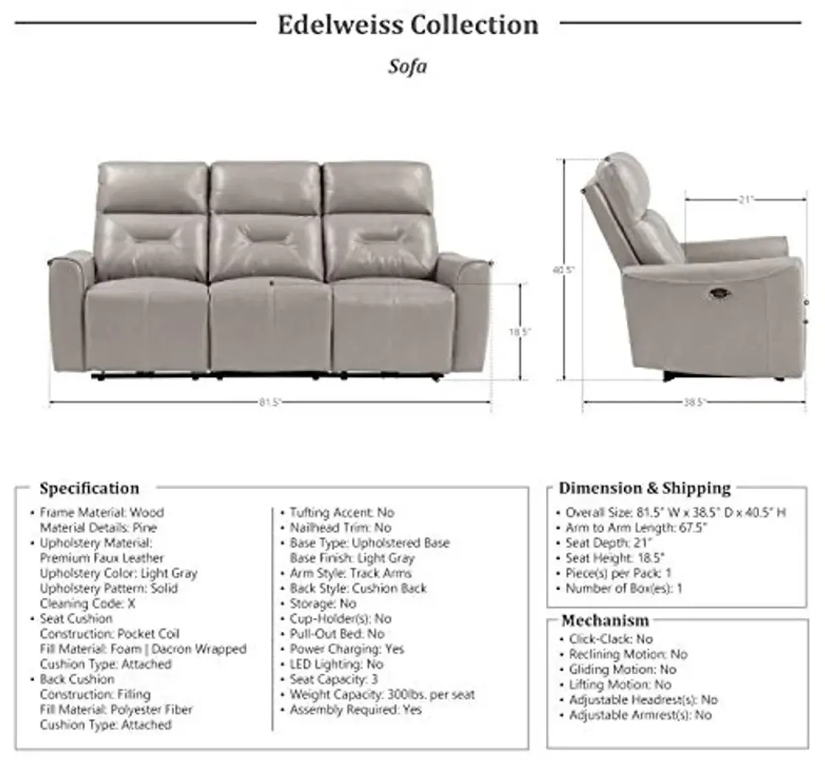 Lexicon Edelweiss 3-Piece Power Reclining Living Room Set, Light Gray