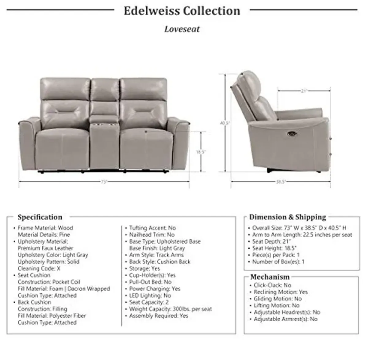 Lexicon Edelweiss 3-Piece Power Reclining Living Room Set, Light Gray