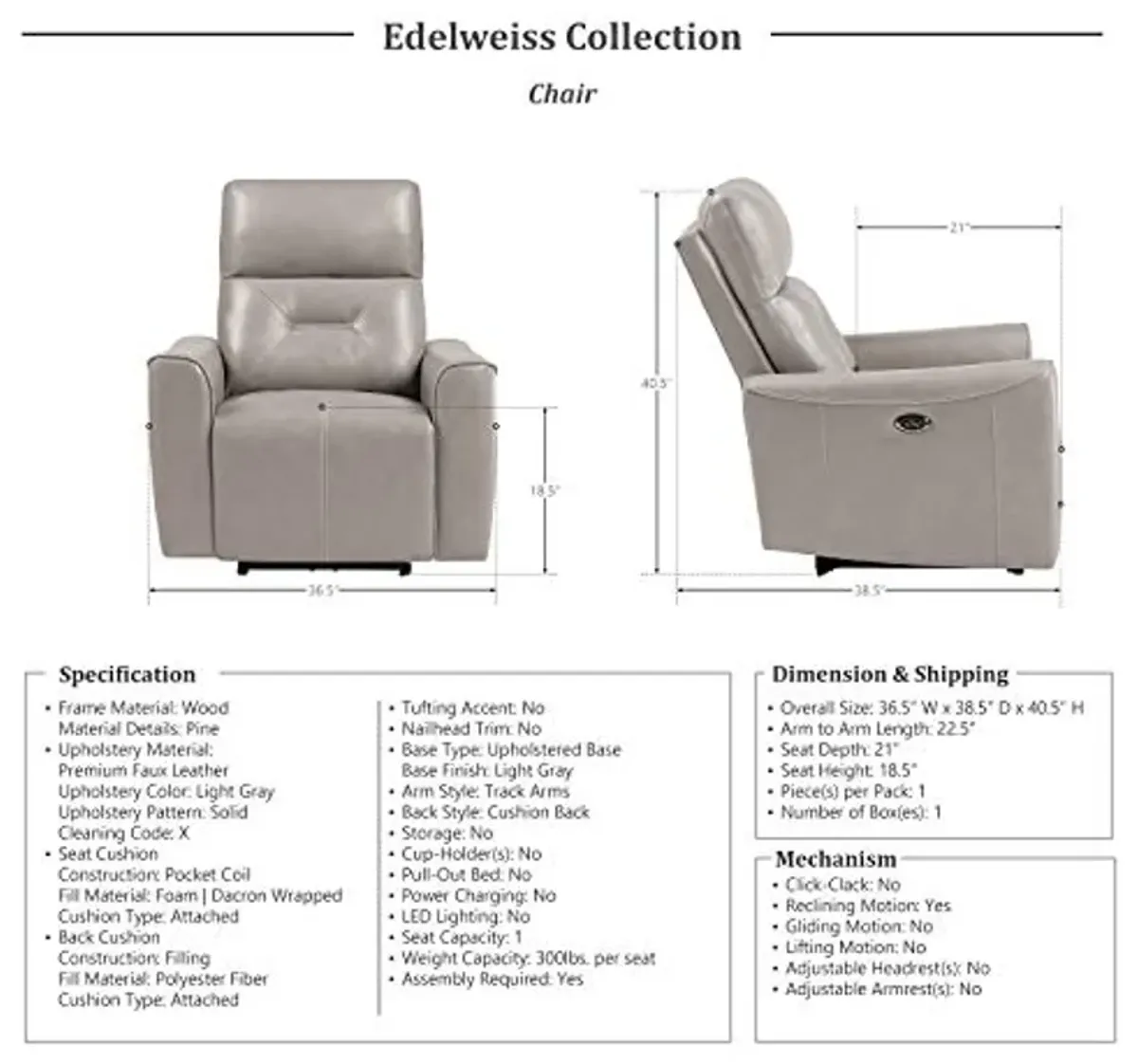 Lexicon Edelweiss 3-Piece Power Reclining Living Room Set, Light Gray