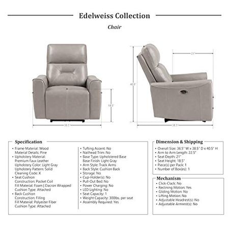 Lexicon Edelweiss 3-Piece Power Reclining Living Room Set, Light Gray