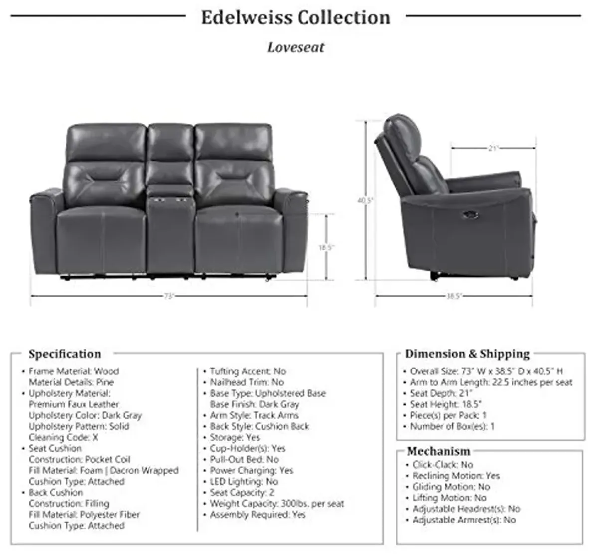 Lexicon Edelweiss 2-Piece Power Reclining Living Room Set, Dark Gray