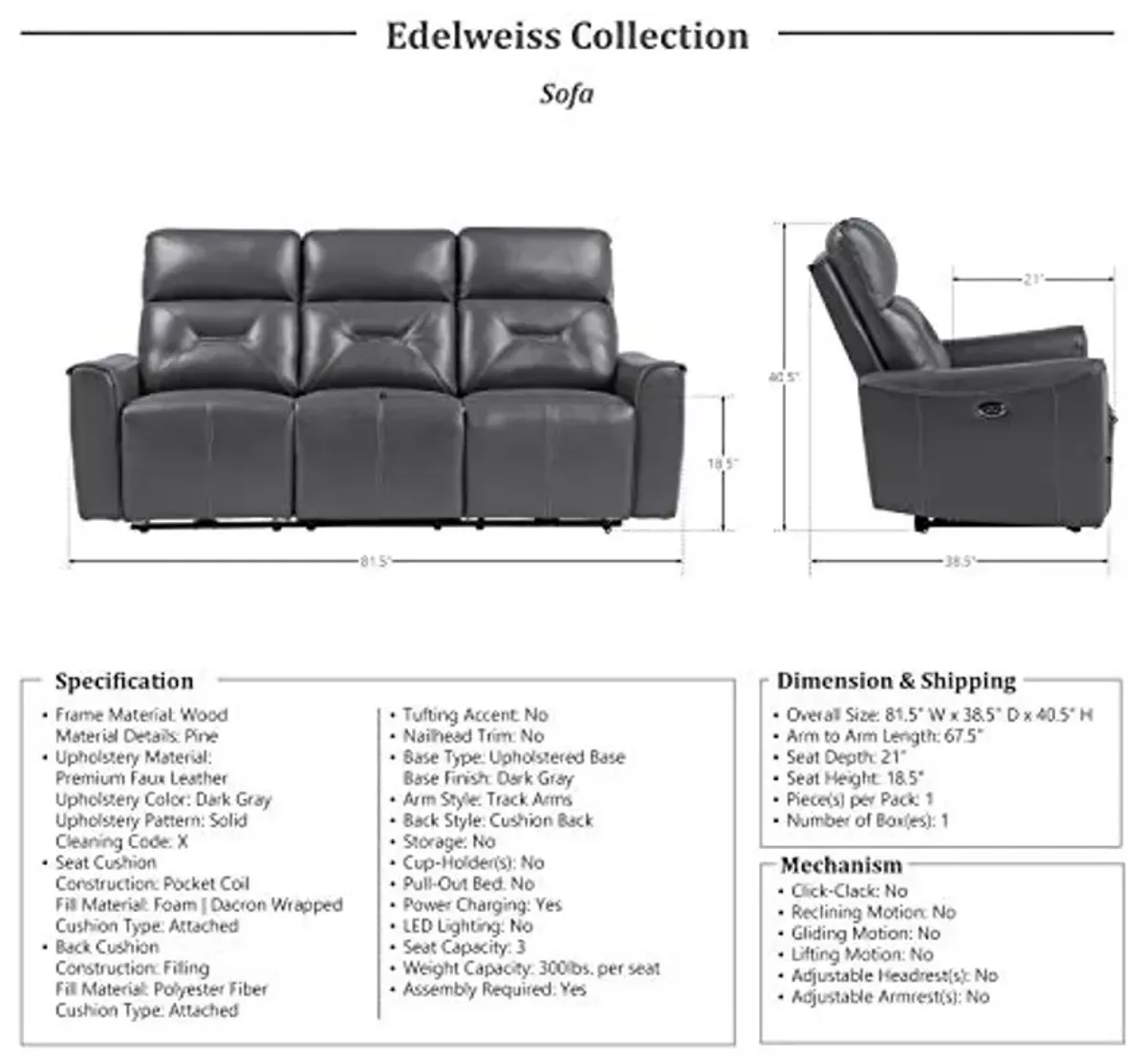 Lexicon Edelweiss 2-Piece Power Reclining Living Room Set, Dark Gray